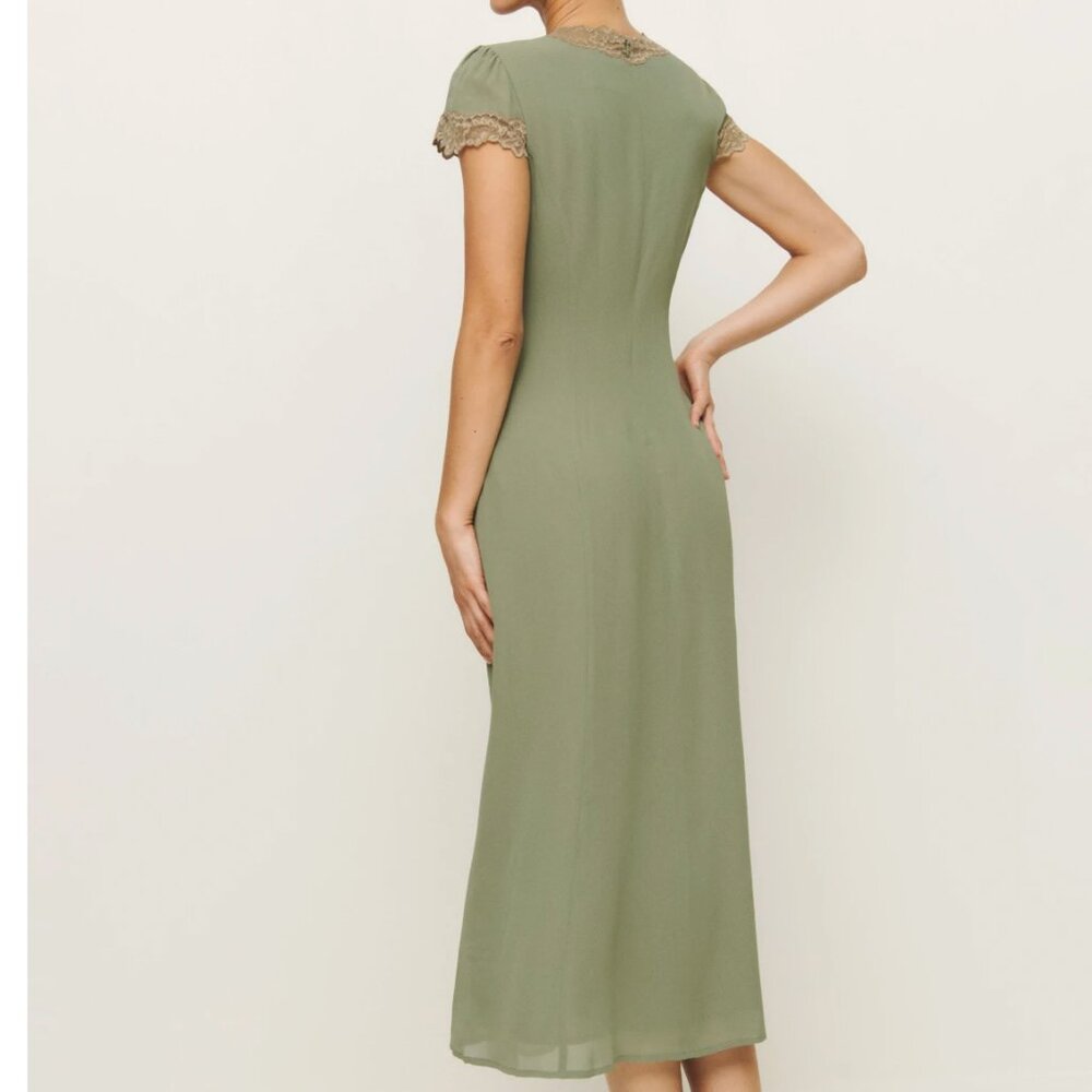 NWT Reformation Tiffie Midi Dress Sz2 Artichoke Green Gold Lace - Picture 4 of 11